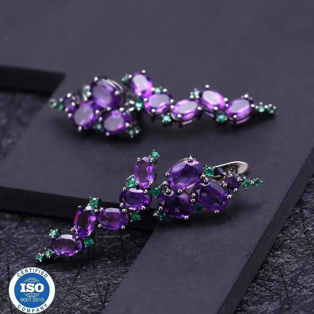 Boucles D'oreilles Violettes En Argent 925 Avec Améthystes Naturelles — Pendantes, Jamais Portées