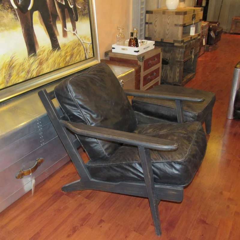 リクライニングチェア木製アームヴィンテージレザーリラックスラウンジ