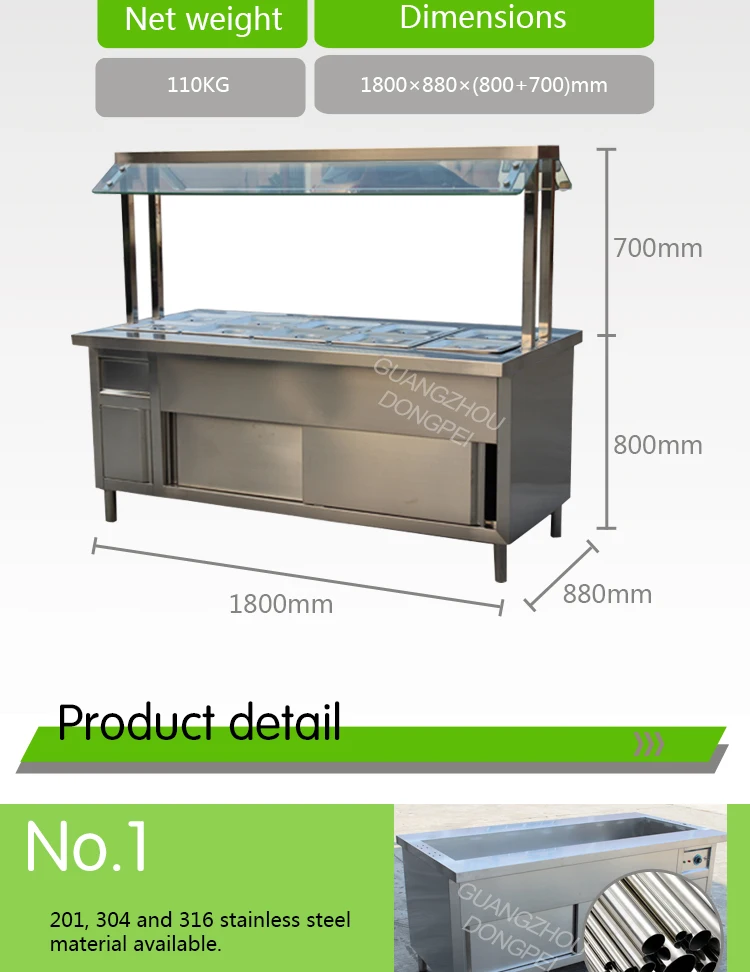 Customized Stainless Steel Electric Buffet Steam Table Eco-friendly Knock-down Structure Countertop Commercial Kitchen Equipment