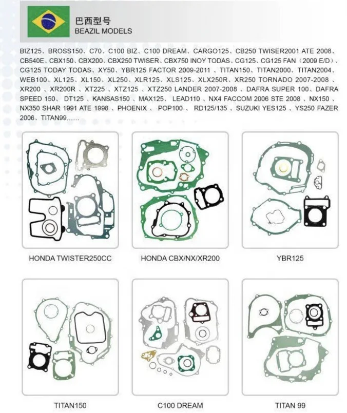 Full Complete Gasket Set Kit Fit for Various Motorcycle  Engine Spare Parts Cylinder Head Brazil