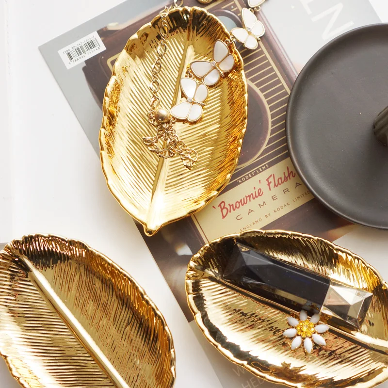 Домашний столешница украшение керамический золотой лист лоток для хранения ювелирных изделий