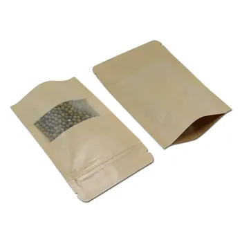 Eco Paper Zip Bag Standing Food Grade Bio Copious Bags 5" x 8" Kraft Window Stand Up Pouches (4 oz. | 140g) - 100 QTY