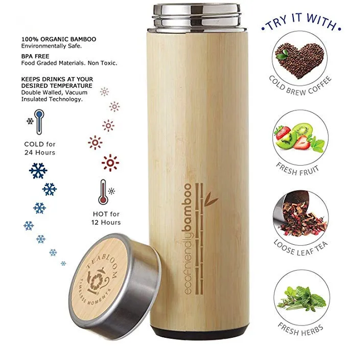 Sustainable 17oz Bamboo Loose Leaf Tea Thermos with Infuser - 12 Hrs Hot or  Cold Vacuum Insulated Stainless Steel Tea Thermos - Great gift idea for