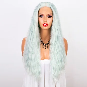 Best selling hight resistant blue grey synthetic lace frontal wig long curly hair with heavy density for white woman