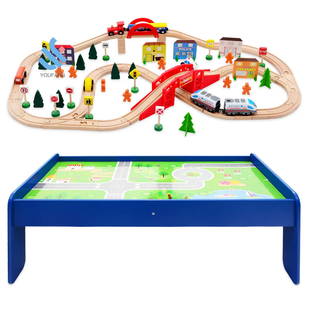 YF-Z2013 производитель OEM, принимается 90 шт., городской Железнодорожный комбинированный деревянный игрушечный поезд с игровым столом