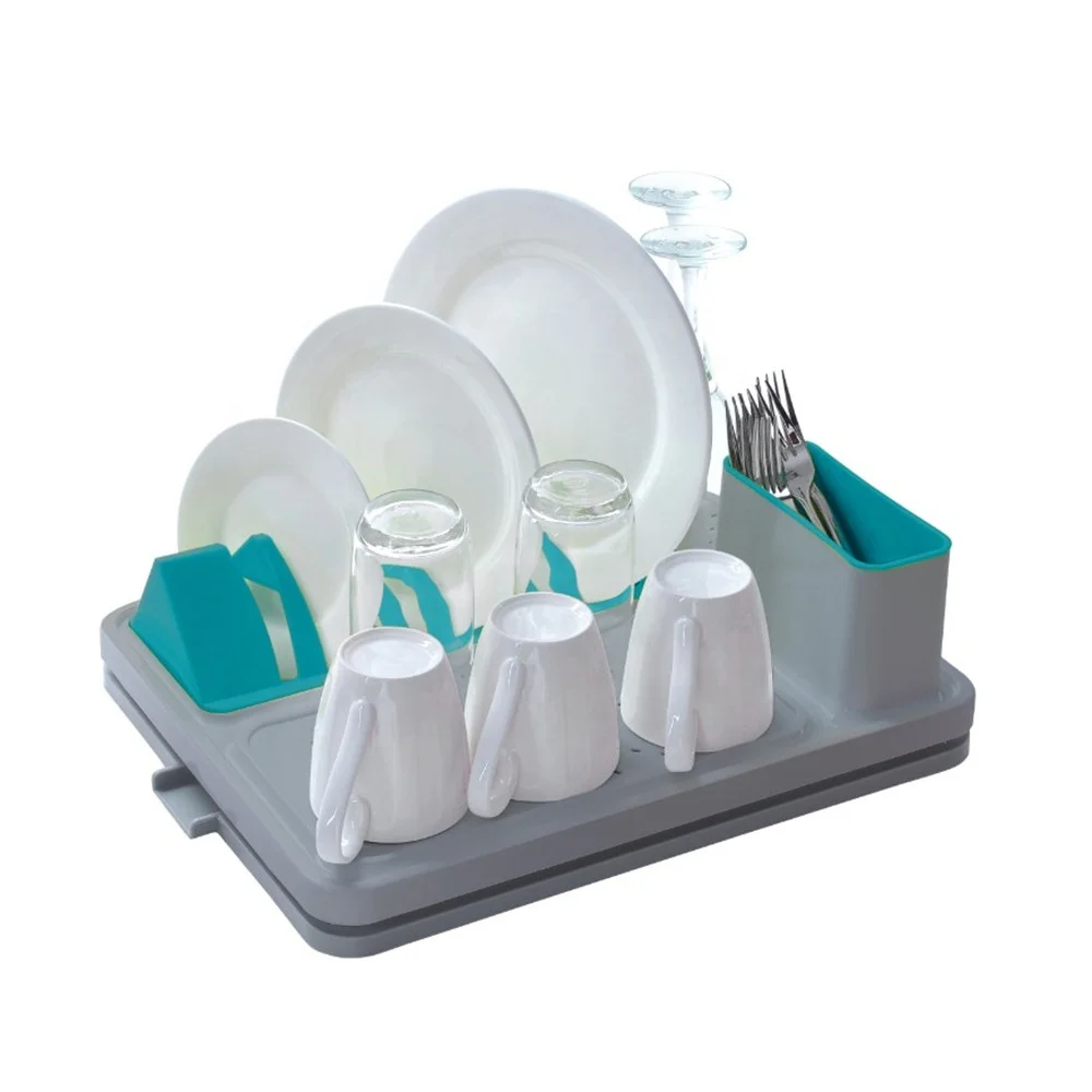 Sky Blue Plastic Dish Drainer - Plate Drying Rack with Cutlery Holder
