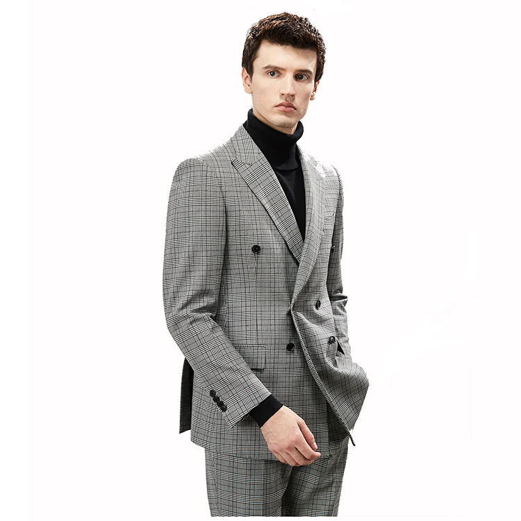 Fashion New Style Tweed Smooth Double Breasted Grey Plaid Feel Formal Business Men Suit