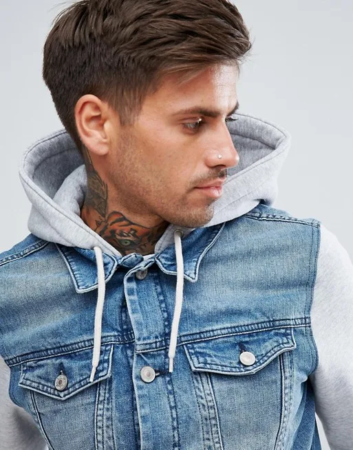 KY Cotton Spread Collar Button Placket Wholesale Denim Jacket Men With Jersey Sleeves Hood