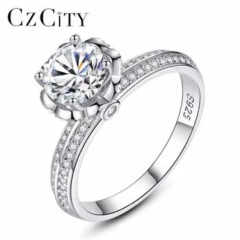 CZCITY Wholesale Romantic Clear CZ Wedding Rings Women 100% 925 Sterling Silver Meticulous Finger Rings Fine Gifts