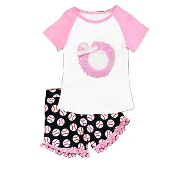 2019 new design wholesale boutique children clothing knit cotton baseball applique girls short set