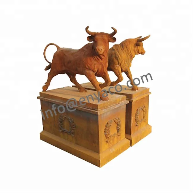 Giant Iron Casting Lifesize Charging Bull Statue Figure on Plinth, Garden Lawn Ornaments Large Animal Sculpture