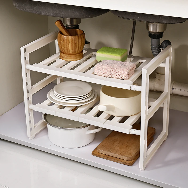 Under Kitchen Sink Rack Adjustable Storage Shelf Organiser Unit Extensible  White