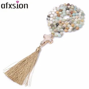 AFXSION Natural stone beads necklace,Amazon rock& powder crystal&black fused rock Beads Cross pendant tassel necklace