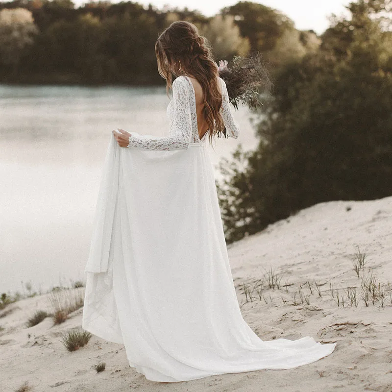 Boho Long Sleeve Wedding Dress - Simple Chiffon Lace A-Line Gown for Brides - Eco-Friendly and Maternity Friendly Options Available Boho Long Sleeve Wedding Dress - Simple Chiffon Lace A-Line Gown for Brides - Eco-Friendly and Maternity Friendly Options Available