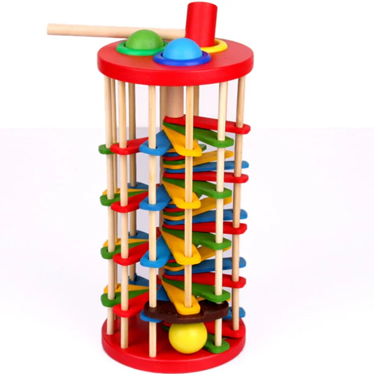 Pound Roll Wooden Tower with Hammer Knock the Ball Off Ladder Baby Toys Gift N7 