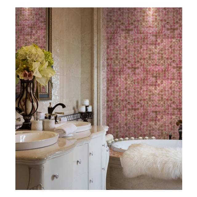 Pink Glass Mosaic Wall Tiles Shower Tiles Buy Bathroom Tiles Pink Glass Crystal Glass Mosaic Tile Product On Alibaba Com