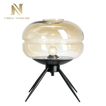 Modern design soft lighting amber glass bead black frame bed side led table lamp