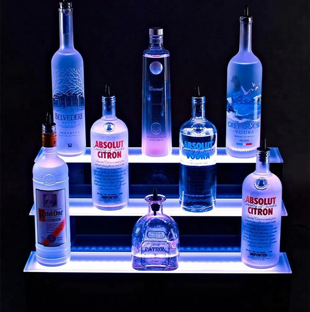 Customized 3 Step LED Acrylic Bottle Shelf  Stand Display 3Tier Led Bar Liquor Display Shelves 16"