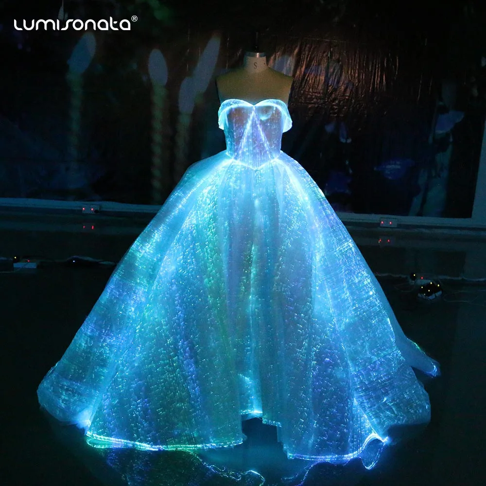 Glow in the Dark Formal Lace for Bride Long Maxi Woman Luminous Girl Light  up Party Fiber Optic Glowing LED Wedding Dress