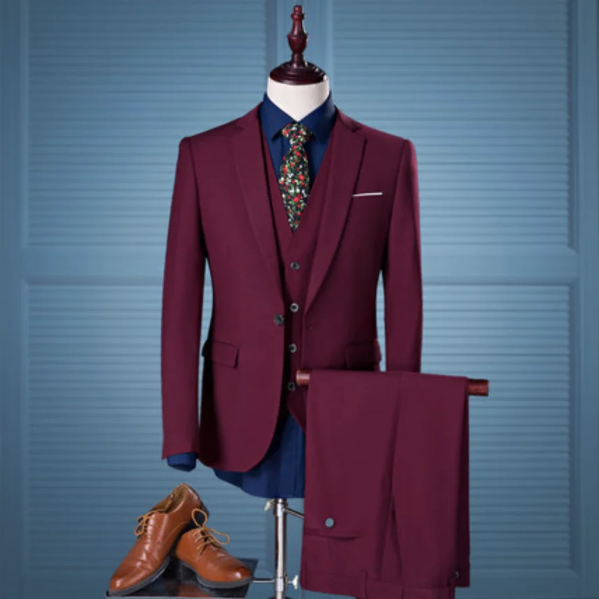 Wine Red Coat Pant Men Suits Slim Fit Tuxedos Wedding Suits For Grooms ...