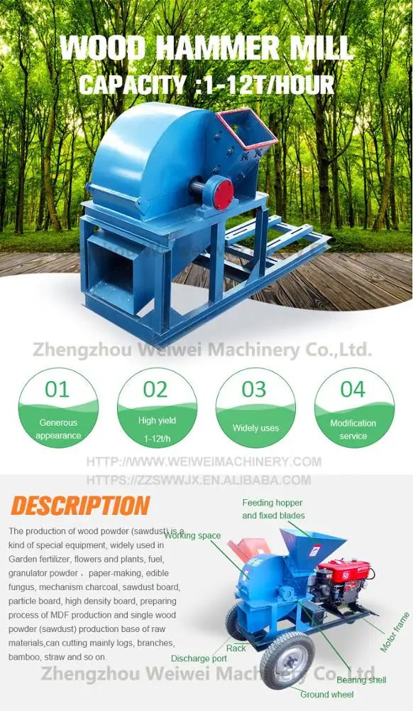 Weiwei MFJ500 Wood Log Tree Hammer Mill Chipper Grinder Cut Wood Powder Wood Chipper Gasoline Engine Drive Machine