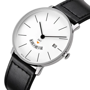 German Fashion Watch Minimal Design Stainless Steel Case GMT Movement Genuine Leather Strap Pointer Water Resistant Silicone