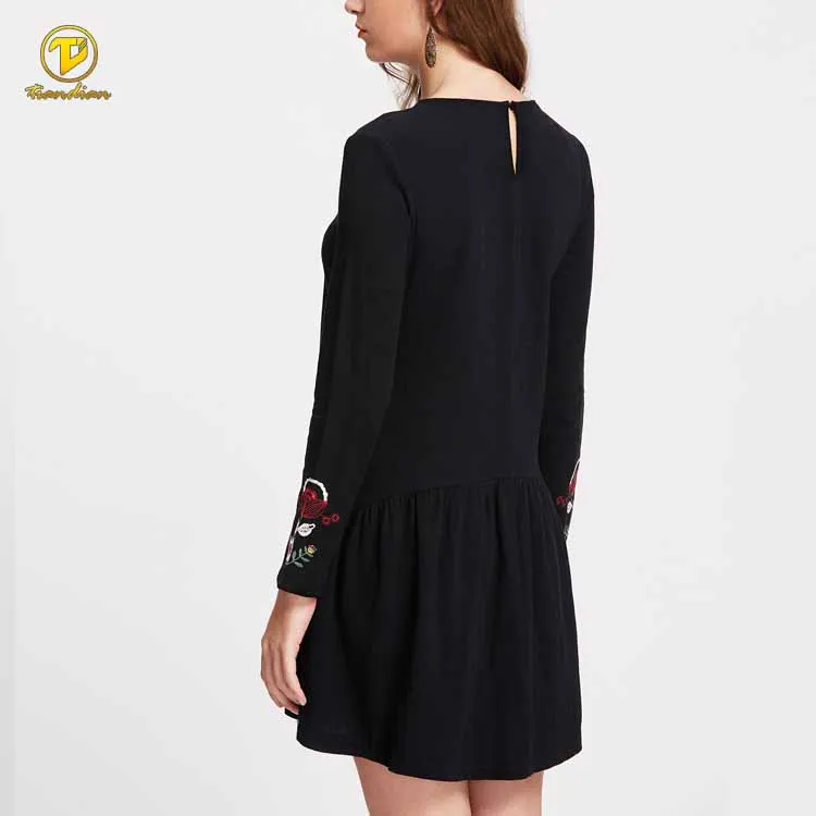 Wholesale Hand Flower Embroidered Drop Waist Long Sleeve Maxi Lady Smock Dress Wholesale Hand Flower Embroidered Drop Waist Long Sleeve Maxi Lady Smock Dress