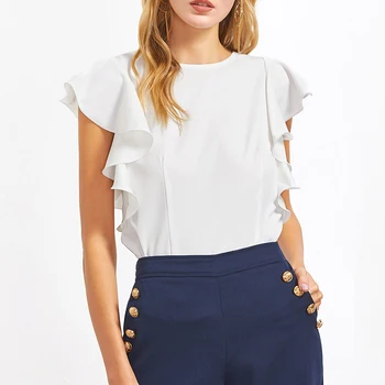 2018 Professional Fashion Wholesale White Ruffle Sleeve Women Tops Blouse Summer Shirt / Blouse for Women Casual Plain Dyed