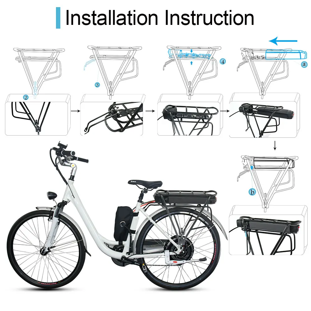 Rear Rack Lithium Batteries 36V 16Ah MH1 18650 Li Ion EBike Battery with Install Rack