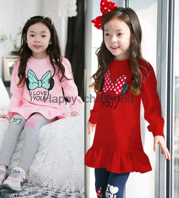 New Children s clothing sets Minnie Bow culottes suits kids long sleeve dress Leggings pants sets