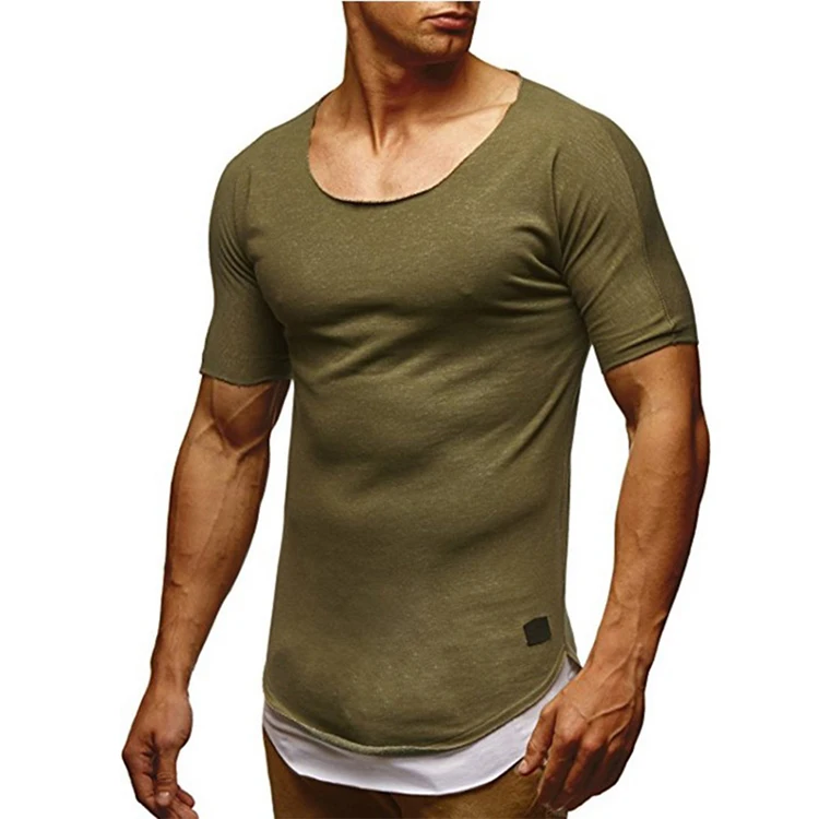 Men  Fitness Sportswear Solid Color Hip Hop Running Shirt Gym Slim Split Curved  Hem Tops Short Sleeve Breathable Clothing