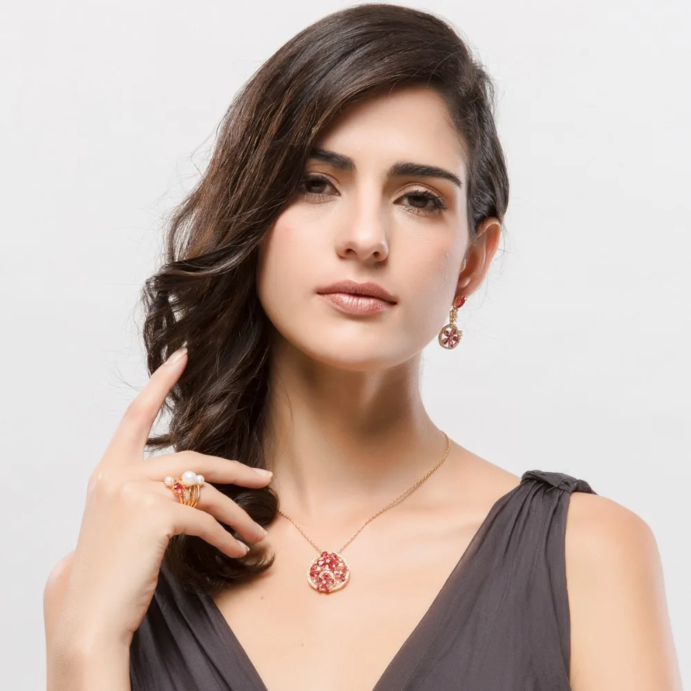 LUOTEEMI Tiny Teardrop Cubic Zirconia Diamond Gold Plated Ruby Flower Round Pendant Women Necklace