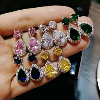 5 Color Water Drop Big Zircon Stone Sterling Silver Stud Earrings for Women Fashion Earrings Jewelry Gift Earrings