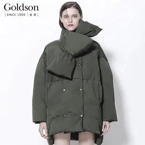 European Custom Women's Down Jacket for Winter Top Design with Big Scarf and Button Decoration