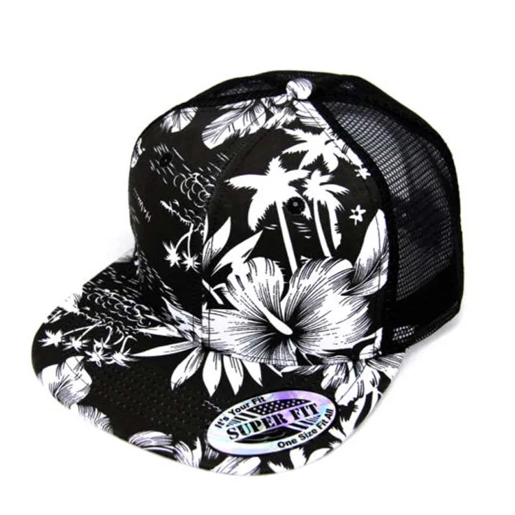 Hawaiian Floral Printed Trucker Mesh Snapback Cap - Flat Bill, Adjustable, Black - View #12