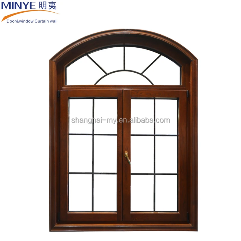 Classical Design Arch Grill Design Aluminum Casement Window Wooden Grain for House