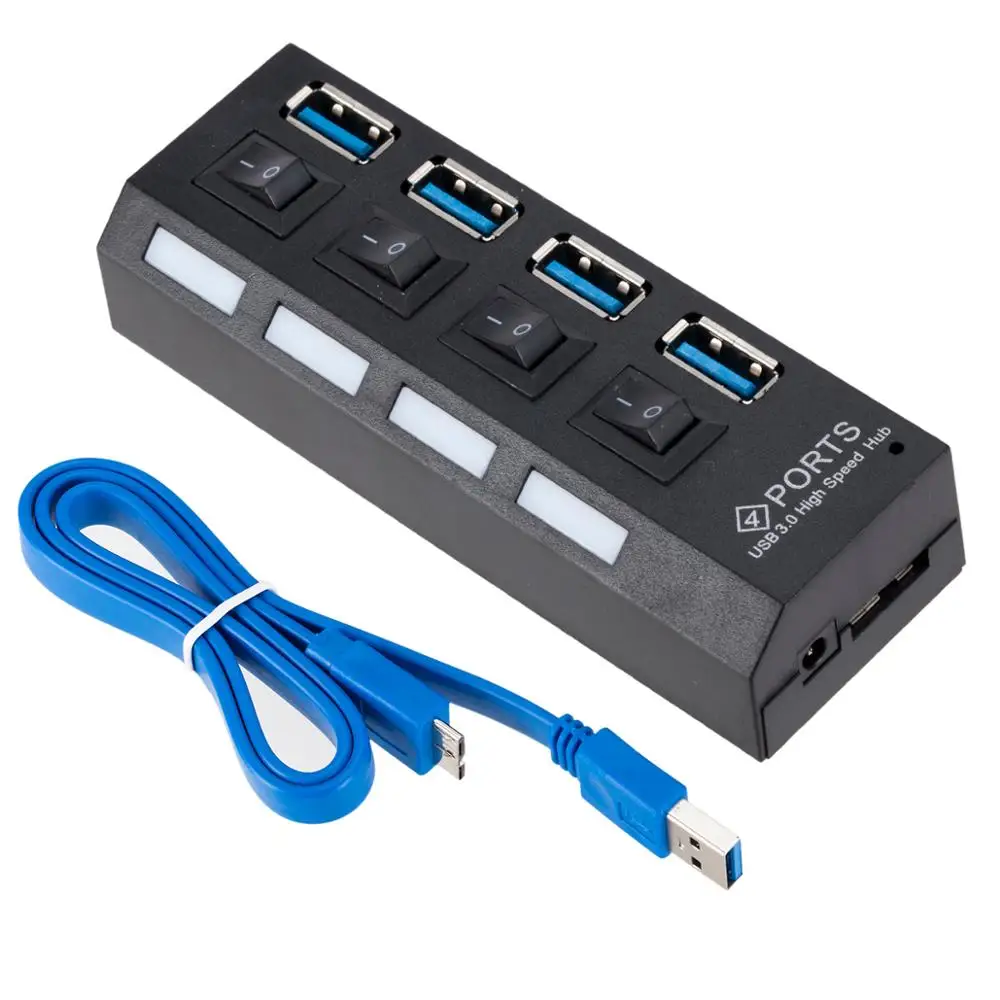 On/Off Switch For PC Laptop 4Ports USB 3.0 high speed Hub with AC Power Adapter 