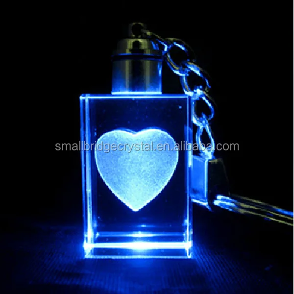 Wholesale Cheaper K9 Heart 3d Laser Etched Crystal Led Keychain