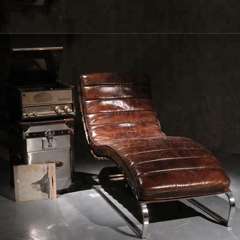 Шезлонг из натуральной кожи без подлокотников, античное кресло из потертой кожи, шезлонг с прострочкой, кресло для гостиной, спальни, шезлонг