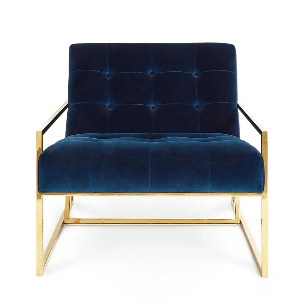 Mid Century Design Blue Velvet Customizable Velvet Fabric Jonathan Adler Lounger Goldfinger  Gold Dining Chairs