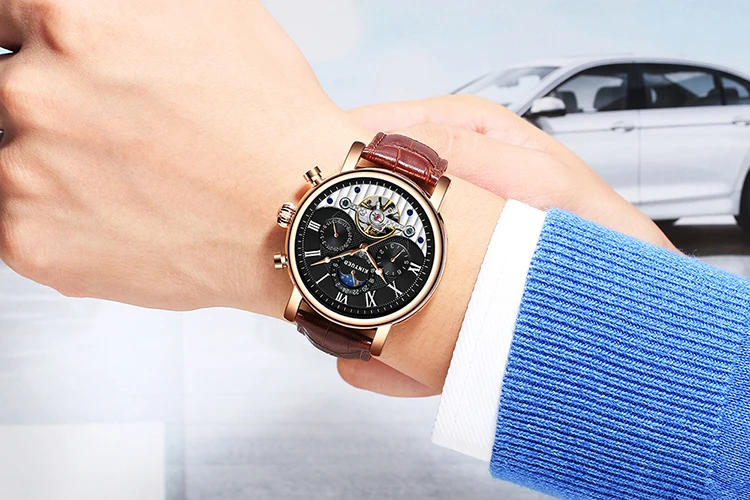 Brand KINYUED tourbillion watch mechanical leather mens automatic watch