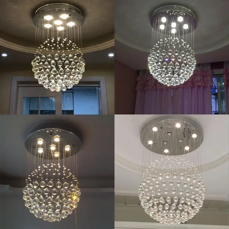 Round Shade Hanging Light LED K9 Crystal Ceiling Chandelier Lamps for Hotel Room Decor