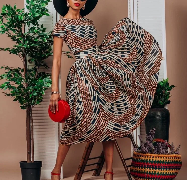 African Ankara Two Pieces Top and Knee Length Skirt (FZ102605)