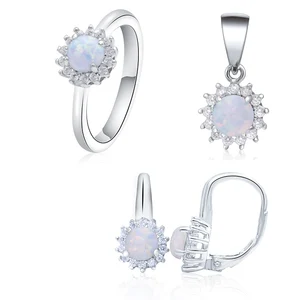 925 Sterling Silver Floral Opal Trio Flower Cluster Simulated Opal Ring, Pendant & Leverback Earrings | Cubic Zirconia Accented