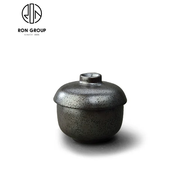 Japanese Style Crockery Ceramic Custom Steamed Egg Cup for Restaurant Black Mushi Cups With Lid