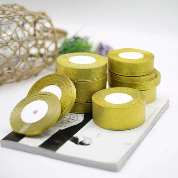 22.5m/roll Gold Silver Polyester Ribbon Glitter Ribbon Gift Ribbon