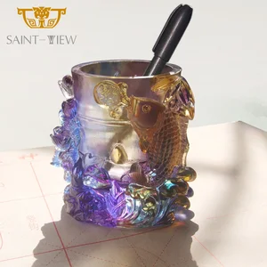 Liuli Crystal Glass Fish Lotus  Office Feng Shui Decorative Pen Holder