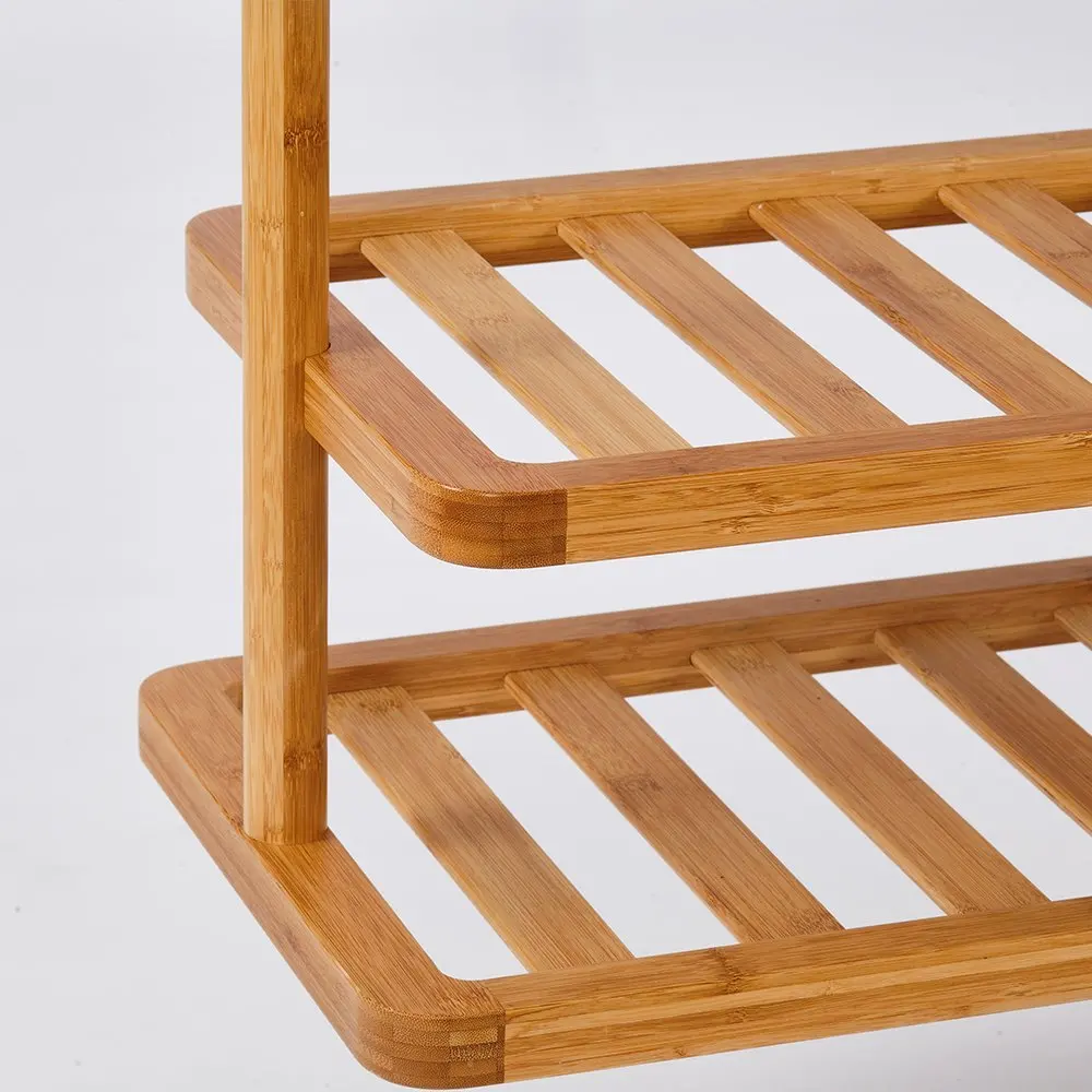 Custom Wooden Coat Hanging Rack With Portable Laundry Basket Bamboo