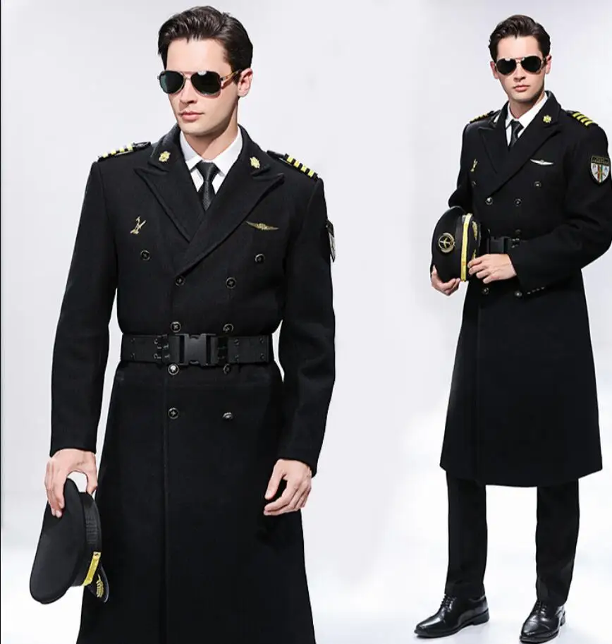 Men's Winter Wool Long Overcoat Design Pilots Uniform for Airline Use