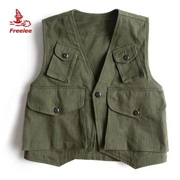 2019 latest design fashion multi pockets army green canvas vest waistcoat mens